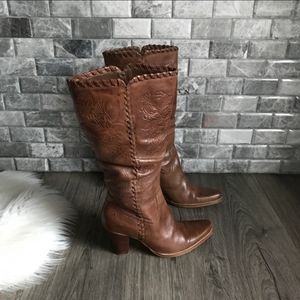 Bronx Kenny Brown Braided Leather Boot Tall Heeled